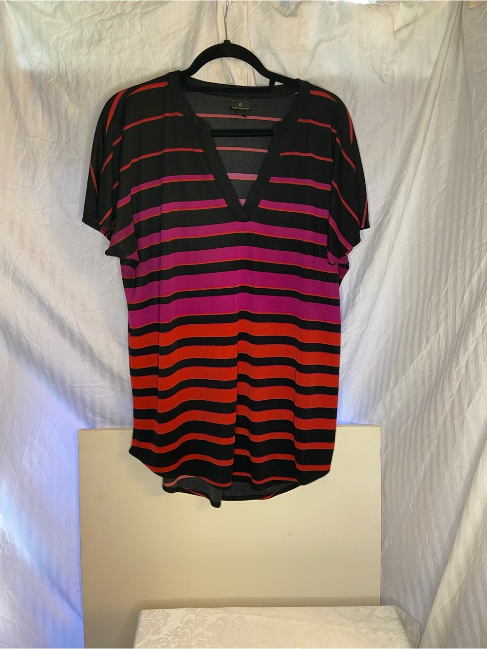 Worthington Black V-Neck Short Sleeve Top with Red & Purple Stripes